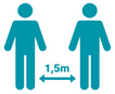 groen/blauw icoon met twee personen met hiertussen 1,5 m en een pijl die aangeeft dat dit de afstand tussen de twee personen is