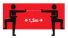 icoon met rode achtergrond met hierop twee zwarte dansende personen met hiertussen 1,5 m en een pijl die aangeeft dat dit de afstand tussen de twee personen is