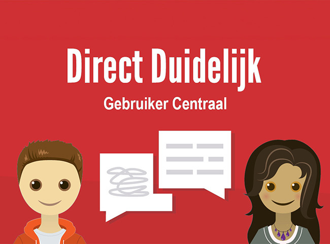 Afbeelding met twee getekende mensen met praatwolkjes. Daarboven staat de tekst "Direct Duidelijk, Gebruiker Centraal"