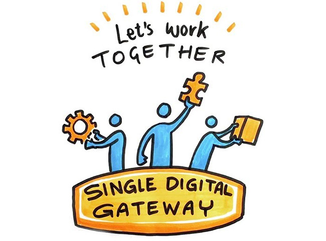 Simpele illustratie van 3 personen, met daarbij de tekst "Let's work together, Single Digital Gateway"