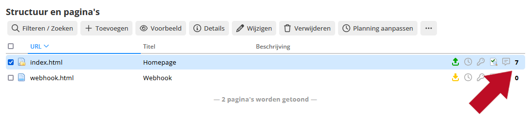 aan het einde van de regel van het item staan verschillende iconen, hierachter staat het cijfer dat aangeeft door hoeveel items dit item wordt gebruikt