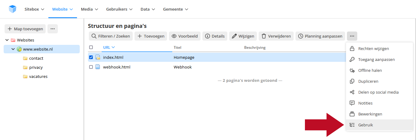 Actieknop 'Gebruik' in het overzicht actieknoppen